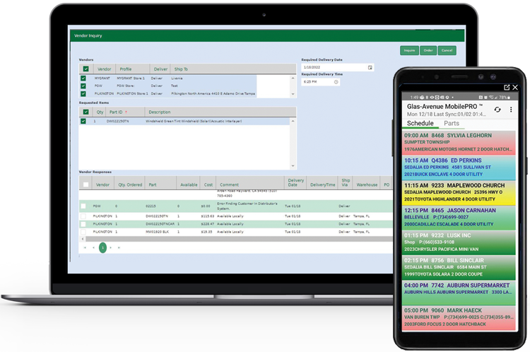 Mainstreet™ glass software Glas-Avenue™ dashboard screenshot, MobilePRO™ technician app screenshot on a mobile device and laptop