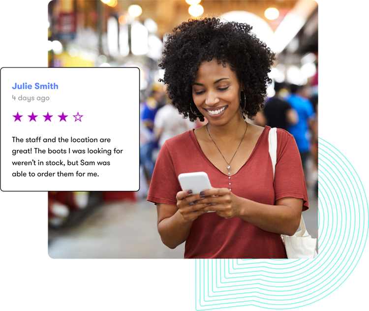 Man and woman looking at online reviews on a mobile device