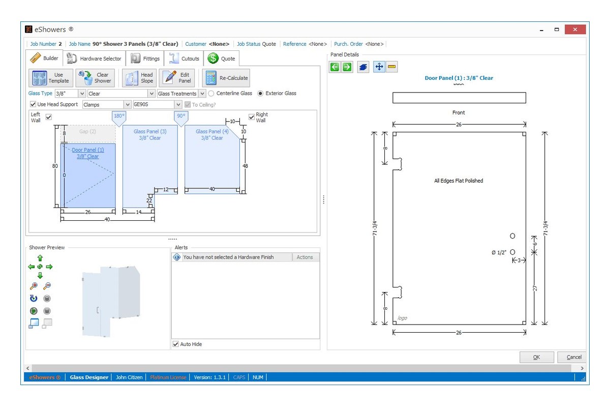 eShowers shower builder inside Glas-Avenue showing panel layout, 3D preview, and fabrication drawing