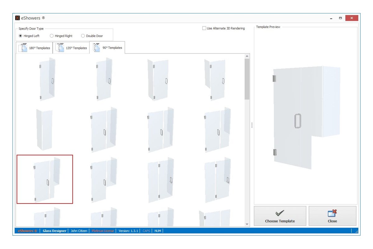 eShowers template library with 180, 135, and 90 degree shower door templates and 3D preview