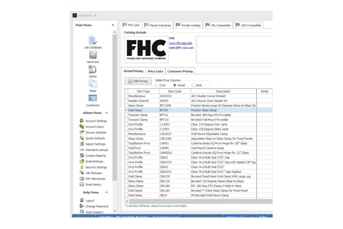 eShowers hardware catalogs including FHC USA, Portals, CRL compatible, and USH compatible