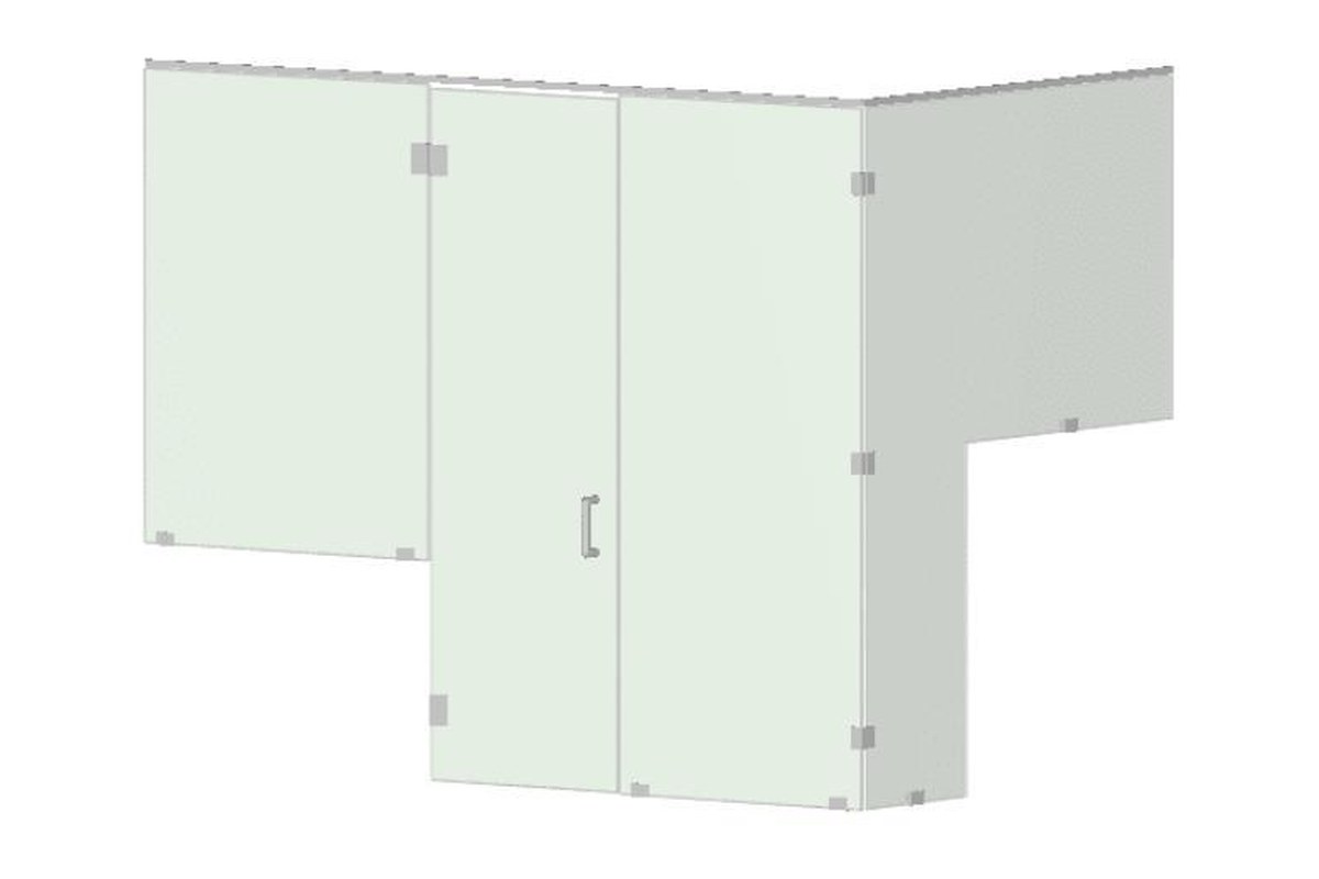 3D rendering of a shower enclosure with hinges, clamps, and handle placed automatically