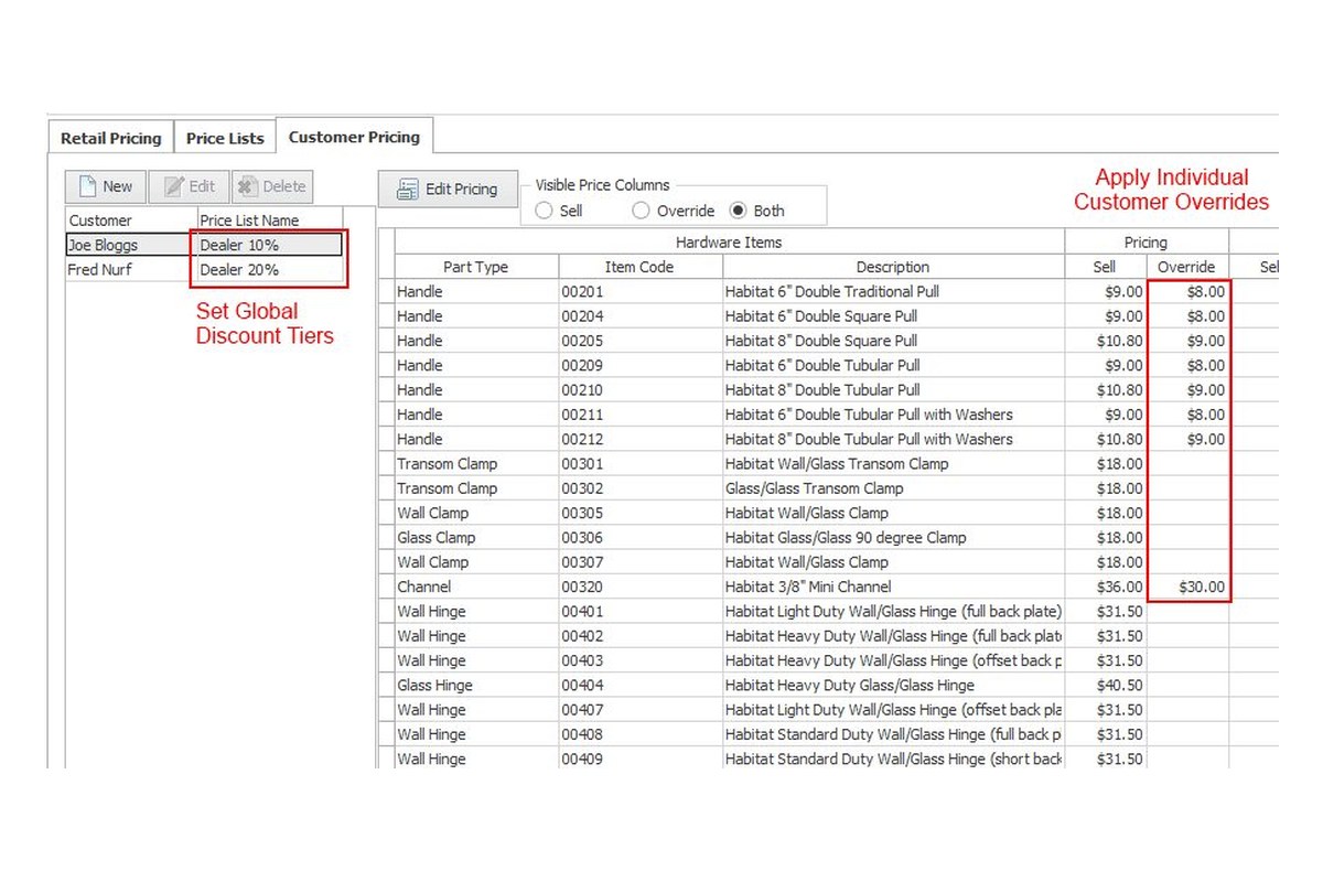 eShowers customer pricing with global discount tiers and individual customer overrides