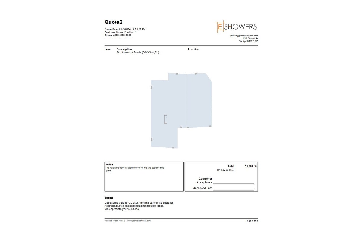 eShowers PDF quotation with 3D rendering, total, and customer acceptance line