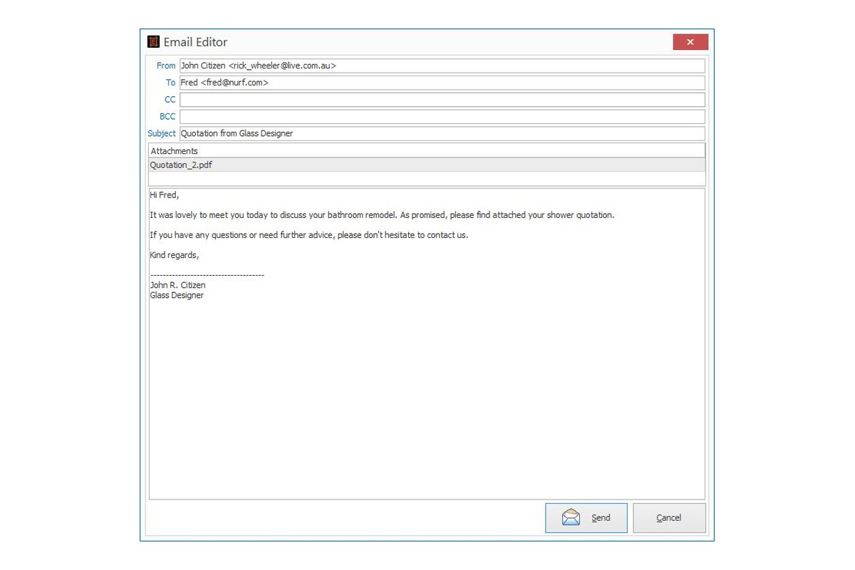 eShowers email editor sending the quotation PDF to the customer