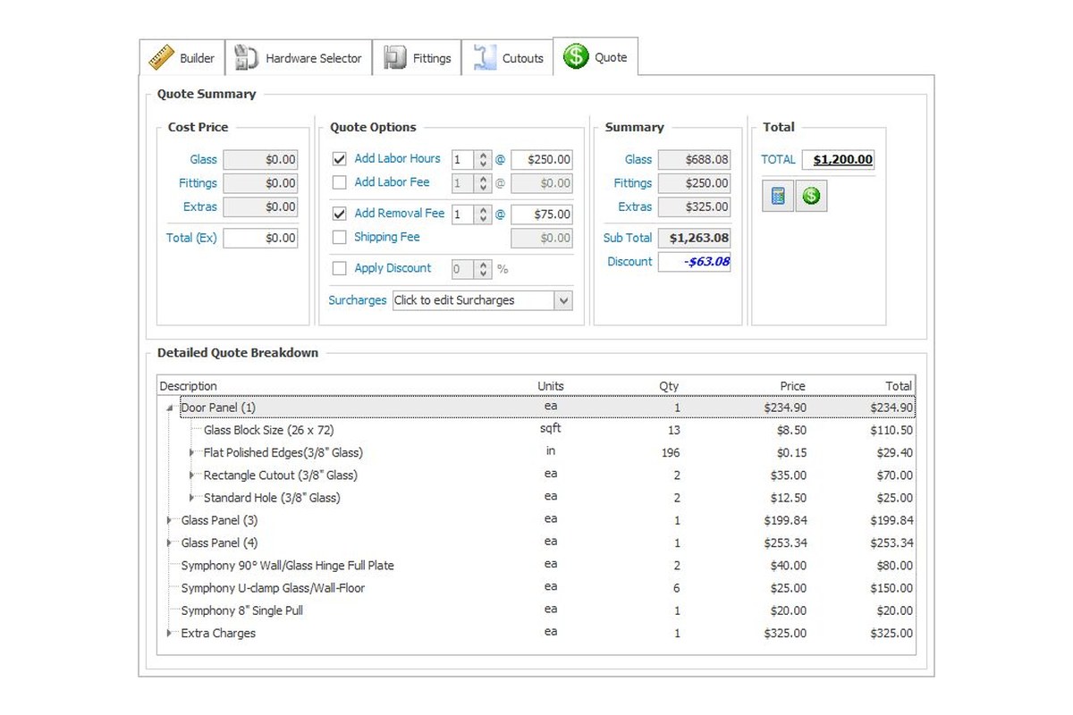 eShowers quote summary with labor, removal, surcharges, discount, and line item breakdown