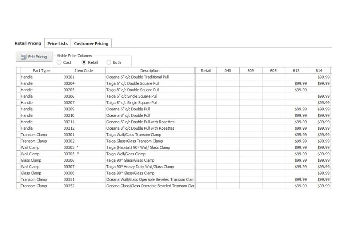 eShowers pricing engine grid with price list columns per hardware item