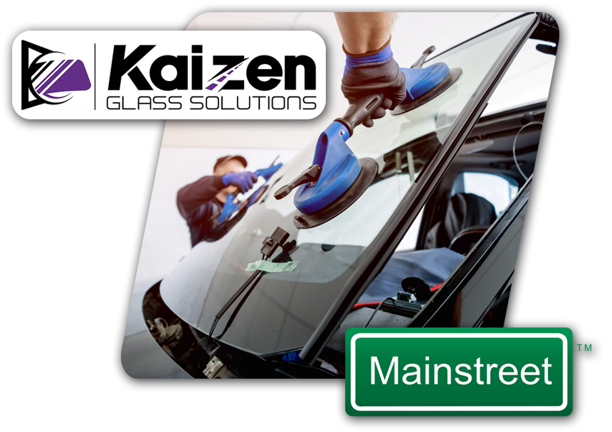 Kaizen Glass Solutions logo, Mainstreet™ logo and an image of a auto glass technicians replacing a car windshield