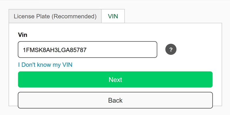 MOE vehicle lookup screen with License Plate and VIN tabs