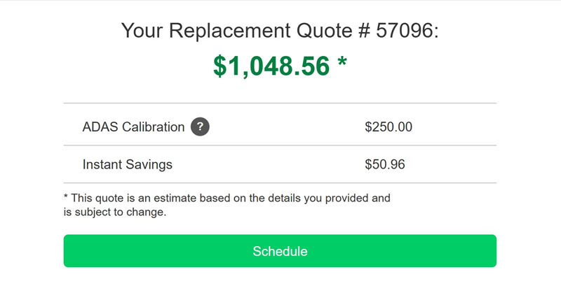 MOE instant replacement quote screen showing price and ADAS